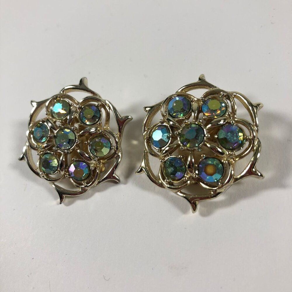 Vintage Sarah Coventry Lime Light Aurora Borealis Rhinestone Clip Earrings